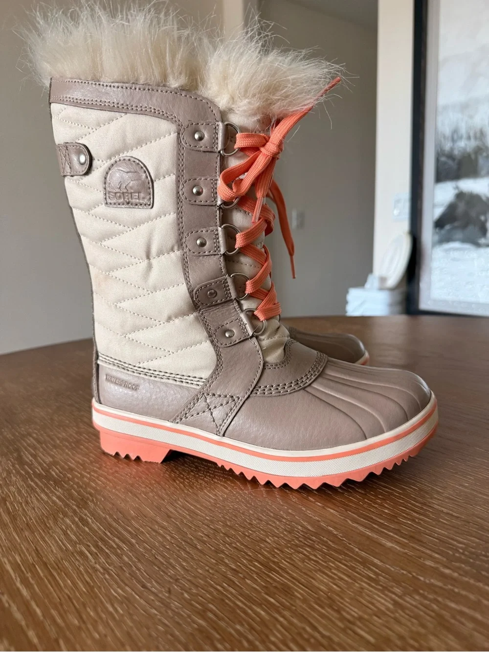 Sorel Kids Beige and Coral Winter Lace-Up Boots with Faux Fur Trim